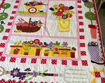 Spring Garden Quilted Wall Hanging or Lap Quilt, Floral Garden Applique Quilt, One of a Kind Textile Art 50” x 62”
