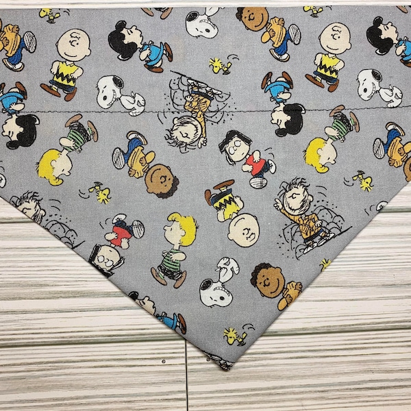 CUSTOM Peanuts Inspired, Snoopy, Woodstock, Charlie Brown on Gray (Over the Collar) Dog/Cat Bandana