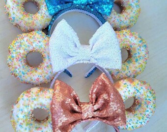 Disney Pink Donut Minnie Ears with Shimmer Teal Bow Donut Minnie Mouse Ears, Donut Mickey Ears, Food Disney Ears  main image 4