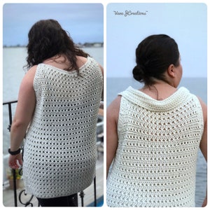 May include: A cream-colored, sleeveless crochet top with a V-neck design. The top features a detailed openwork pattern throughout the body and a wide collar. The image shows the back of the top, with the text "Vane JCreations" in the upper right corner.