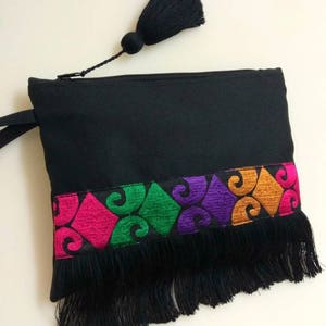 Black bohemian fringe bag with coloured ethnic ribbon. Boho chic clutch bag. Colorful fringed purse. Birthday gift for her. Ethnic pohette. image 3