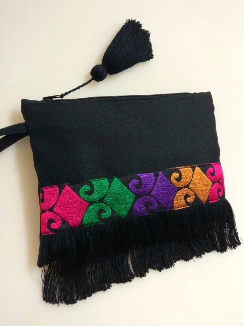 Black bohemian fringe bag with coloured ethnic ribbon. Boho chic clutch bag. Colorful fringed purse. Birthday gift for her. Ethnic pohette. image 3