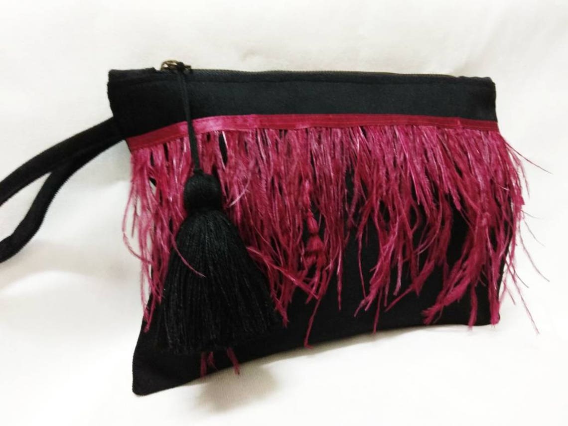 Black Velvet Evening Clutch Bag With Long Feathers Boholuxe Etsy