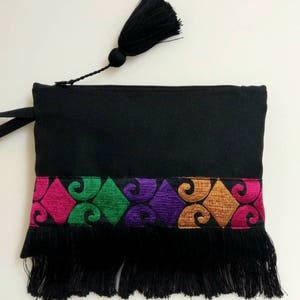Black bohemian fringe bag with coloured ethnic ribbon. Boho chic clutch bag. Colorful fringed purse. Birthday gift for her. Ethnic pohette. image 2
