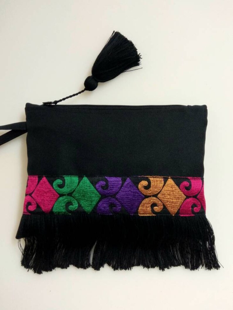 Black bohemian fringe bag with coloured ethnic ribbon. Boho chic clutch bag. Colorful fringed purse. Birthday gift for her. Ethnic pohette. image 2