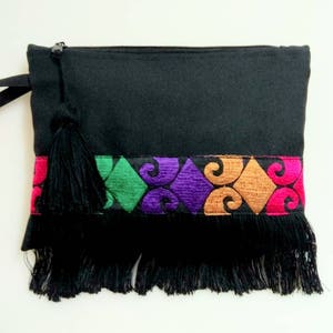 Black bohemian fringe bag with coloured ethnic ribbon. Boho chic clutch bag. Colorful fringed purse. Birthday gift for her. Ethnic pohette. image 1