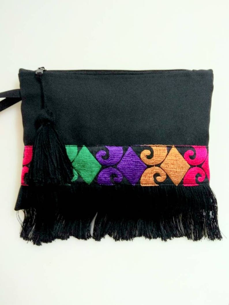 Black bohemian fringe bag with coloured ethnic ribbon. Boho chic clutch bag. Colorful fringed purse. Birthday gift for her. Ethnic pohette. image 1