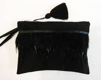 Black velvet clutch with feathers, Black boho feathered purse, Gift for her, Black evening bag, Boho luxe bag, Birthday gift Bridesmaid gift