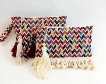 Colorful fringe clutch bag with tassel. Birthday gift for her. Bohemian clutch. All day boho fringe bag. Chevron purse. Ethnic pochette.