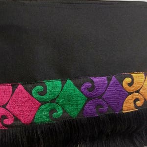 Black bohemian fringe bag with coloured ethnic ribbon. Boho chic clutch bag. Colorful fringed purse. Birthday gift for her. Ethnic pohette. image 6