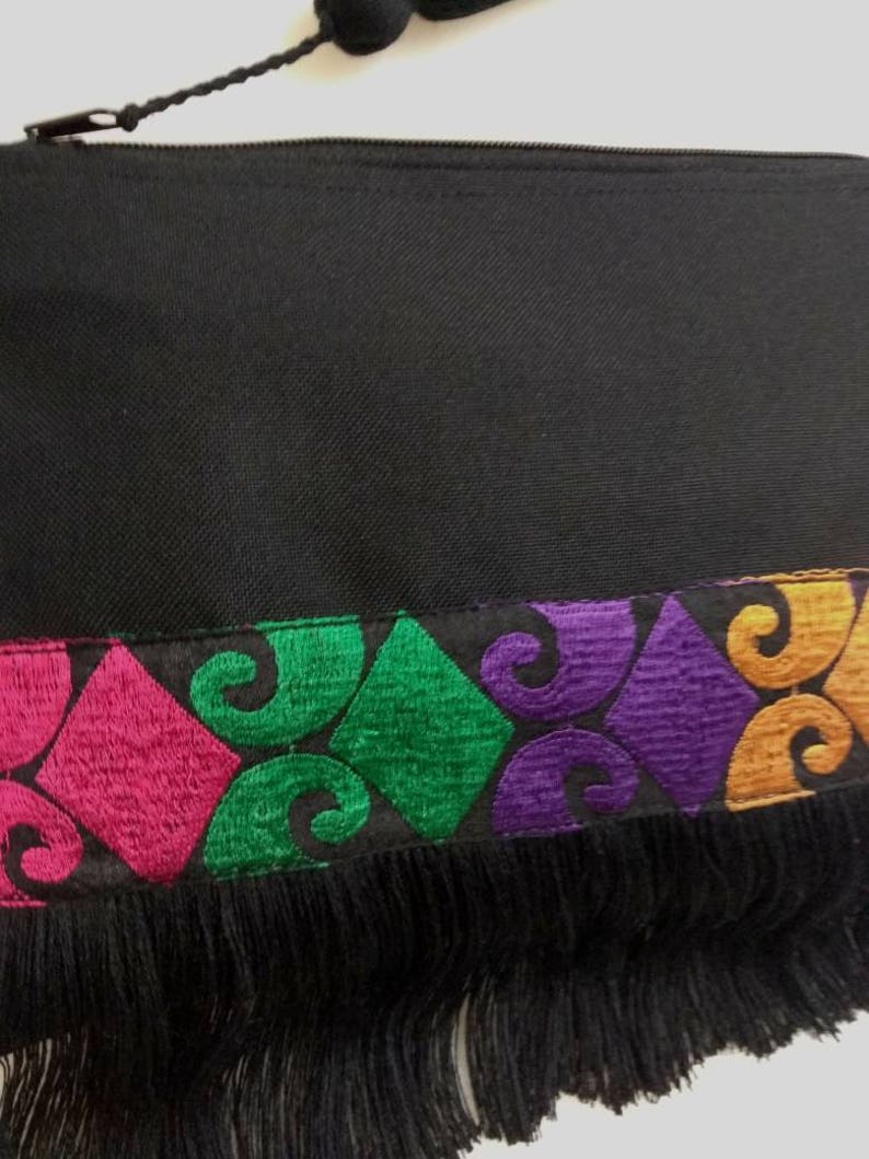 Black bohemian fringe bag with coloured ethnic ribbon. Boho chic clutch bag. Colorful fringed purse. Birthday gift for her. Ethnic pohette. image 6