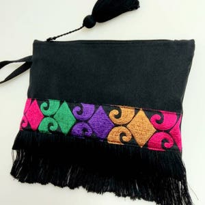 Black bohemian fringe bag with coloured ethnic ribbon. Boho chic clutch bag. Colorful fringed purse. Birthday gift for her. Ethnic pohette. image 4
