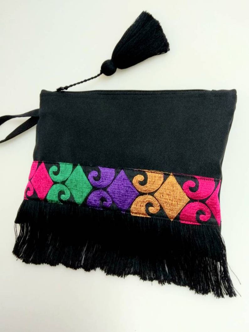 Black bohemian fringe bag with coloured ethnic ribbon. Boho chic clutch bag. Colorful fringed purse. Birthday gift for her. Ethnic pohette. image 4