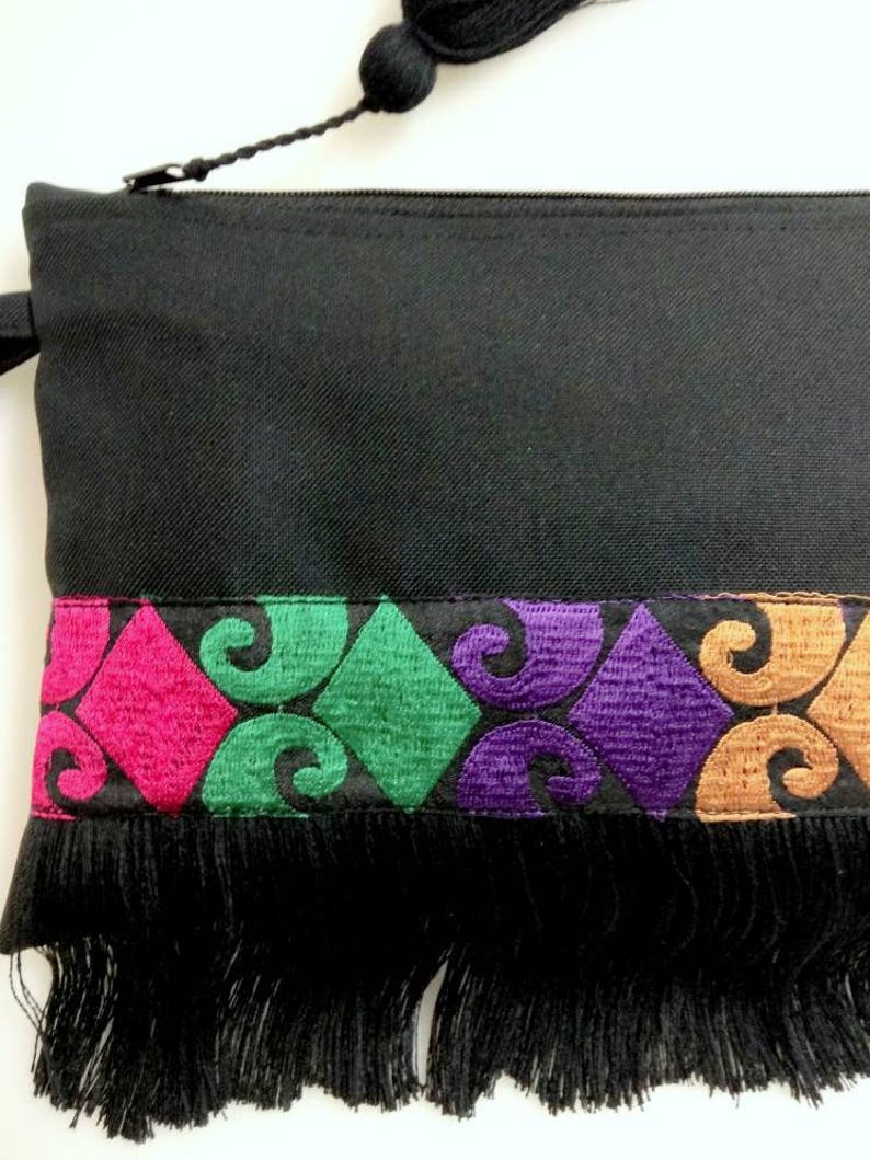 Black bohemian fringe bag with coloured ethnic ribbon. Boho chic clutch bag. Colorful fringed purse. Birthday gift for her. Ethnic pohette. image 5