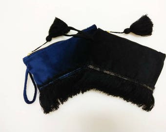 Black evening velvet clutch bag with golden details. Black fringe bag. Boho purse. Christmas gift for her. Black pochette. Birthday gif.