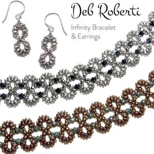 May include: Two silver infinity bracelets with black beads and a pair of silver infinity earrings. The bracelets are made with seed beads and the earrings are made with seed beads and silver wire.