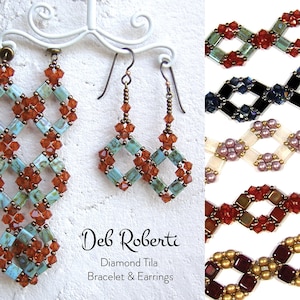 May include: A set of beaded earrings and bracelets in various colors, including red, blue, green, and gold. The earrings are long and dangle, while the bracelets are short and delicate. The jewelry is made with small, square beads and is arranged in a diamond pattern. The text "Deb Roberti Diamond Tila Bracelet & Earrings" is visible in the image.