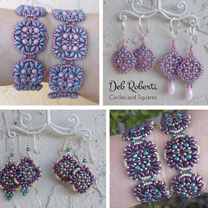 May include: Two pairs of beaded bracelets and earrings in purple, pink, and teal colors. The bracelets are made with small seed beads and feature a circular design. The earrings are dangle style and feature a similar circular design. The text "Deb Roberti Circles and Squares" is visible in the image.