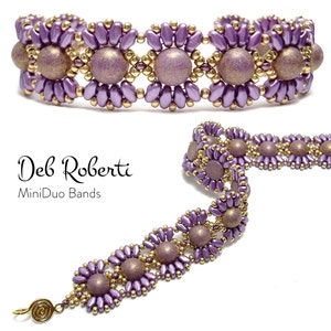 May include: A purple and gold beaded bracelet with a flower design. The bracelet is made with small seed beads and larger round beads. The bracelet is shown in two positions, one with the clasp closed and one with the clasp open.