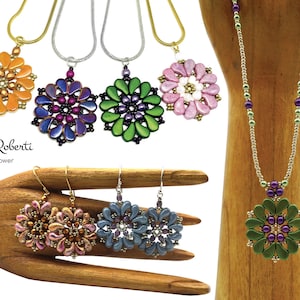 May include: A set of beaded jewelry featuring flower-shaped pendants in various colors, including orange, purple, green, pink, and blue. The pendants are attached to chains and earrings. The image also includes the text "Deb Roberti Flower Power".