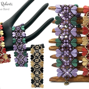May include: Three beaded bracelets with a heart design. The bracelets are red and gold, purple and green, and black and gold.