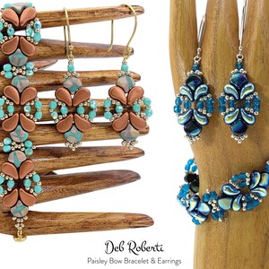 May include: A set of two pairs of earrings and a bracelet featuring a paisley bow design. The earrings are made with copper and turquoise beads, while the bracelet is made with blue and silver beads. The jewelry is displayed on a wooden mannequin hand.