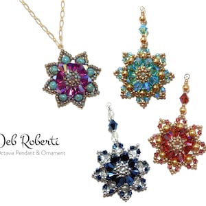 May include: Four beaded star-shaped ornaments in different colours. The ornaments are made with gold, silver, and red beads. The text "Deb Roberti Octavia Pendant & Ornament" is visible at the bottom of the image.