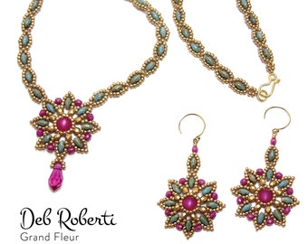 Grand Fleur Necklace and Earring beaded pattern tutorial by Deb Roberti (digital download PDF pattern in English only)