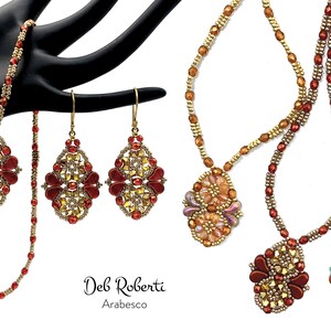 May include: Three beaded necklaces with matching pendant earrings. The necklaces are made with gold, brown, and turquoise beads. The pendants are in the shape of a teardrop and feature a floral design. The text "Deb Roberti Arabesco" is visible at the bottom of the image.