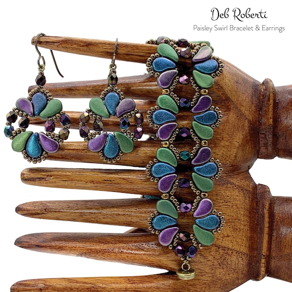 Paisley Swirl Bracelet & Earrings beaded pattern tutorial by Deb Roberti (digital download PDF pattern in English only)