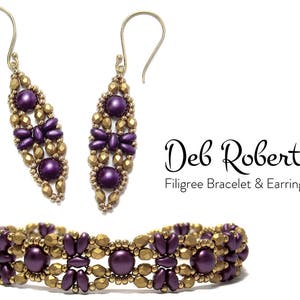 Könnte beinhalten: Goldenes Filigran-Armband und Ohrringe mit violetten Perlen. Die Ohrringe sind im Hänge-Stil mit einer Tropfenform. Das Armband ist eine zarte Kette mit einem sich wiederholenden Perlenmuster.