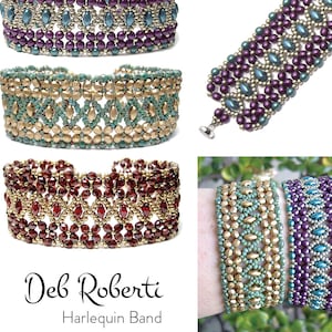 May include: Four beaded bracelets in different color combinations. The bracelets feature a geometric pattern with gold, purple, teal, and red beads. The bracelets are called "Harlequin Band" by Deb Roberti.