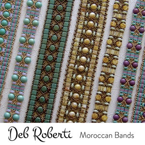 May include: A close-up of eight beaded bracelets with different colour combinations and patterns. The bracelets are made with turquoise, purple, brown, and gold beads. The bracelets are arranged in a row on a white background. The text "Deb Roberti Moroccan Bands" is at the bottom of the image.