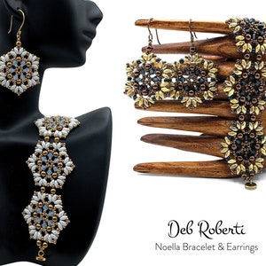 May include: A set of beaded jewelry featuring a bracelet and earrings. The bracelet and earrings are made with white, gold, and blue beads in a geometric pattern. The jewelry is displayed on a wooden hand.