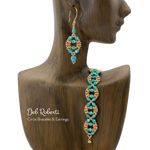 May include: A turquoise and gold beaded bracelet and matching earrings. The bracelet is made with small, round beads and has a delicate, feminine look. The earrings are dangle earrings with a similar design to the bracelet.