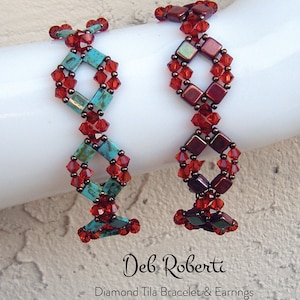 May include: Two beaded bracelets with a diamond tile design. One bracelet is made with turquoise and copper beads, the other with maroon and copper beads. Both bracelets feature red crystal beads. The bracelets are on a white mannequin arm. The text "Deb Roberta Diamond Tila Bracelet & Earrings" is below the bracelets.