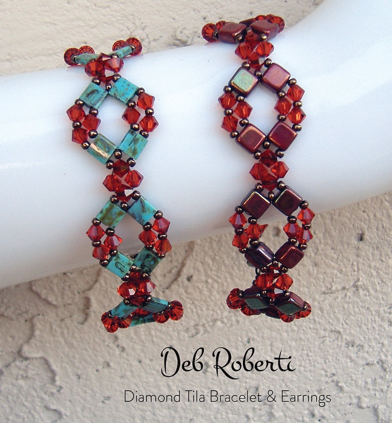 May include: Two beaded bracelets with a diamond tile design. One bracelet is made with turquoise and copper beads, the other with maroon and copper beads. Both bracelets feature red crystal beads. The bracelets are on a white mannequin arm. The text "Deb Roberta Diamond Tila Bracelet & Earrings" is below the bracelets.