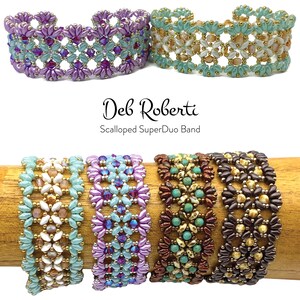 May include: Five beaded bracelets in different color combinations. The bracelets are made with small seed beads and feature a scalloped design. The bracelets are displayed on a wooden surface. The text "Deb Roberti Scalloped SuperDuo Band" is displayed above the bracelets.