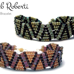 May include: Two beaded bracelets with a geometric pattern. The top bracelet is black, gold, and green. The bottom bracelet is brown, gold, and purple. The bracelets are called "Deco Bracelet".