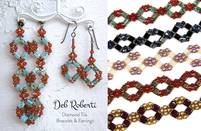 May include: A set of beaded earrings and bracelets in various colors, including red, blue, green, and gold. The earrings are long and dangle, while the bracelets are short and delicate. The jewelry is made with small, square beads and is arranged in a diamond pattern. The text "Deb Roberti Diamond Tila Bracelet & Earrings" is visible in the image.