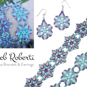 Könnte beinhalten: Ein Set aus lila und türkisfarbenen Perlen-Schmuck, bestehend aus einem Armband und einem Paar Ohrringen. Der Schmuck zeigt ein Schneeflocken-Design und ist mit "Aloha Bracelet & Earrings" von Deb Roberti gekennzeichnet.