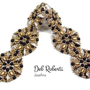 May include: A gold and black beaded bracelet with a geometric design. The bracelet is made with small, round beads and has a clasp closure. The bracelet is labelled "Deb Roberti Josefina".