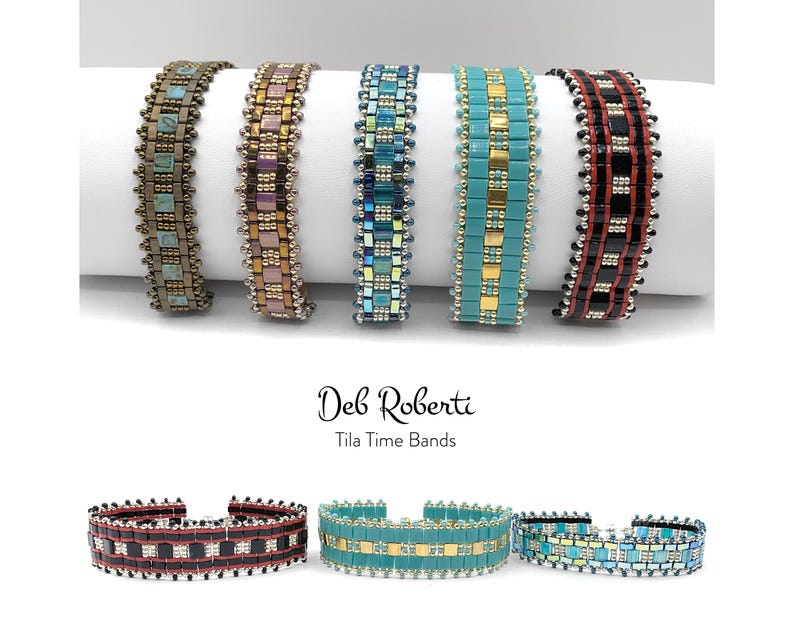May include: Six colorful beaded bracelets with geometric patterns. The bracelets are made with small, square beads in various colors, including turquoise, gold, black, red, and brown. The bracelets are arranged in a row on a white surface. The text "Deb Roberti Tila Time Bands" is displayed below the bracelets.