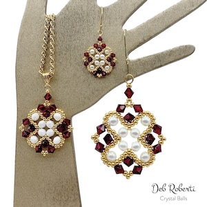 May include: A set of gold-tone jewelry featuring a necklace and earrings. The necklace and earrings are made with red and white beads in a geometric pattern. The jewelry is displayed on a hand-shaped jewelry stand. "Deb Roberti Crystal Balls" is written below the jewelry.