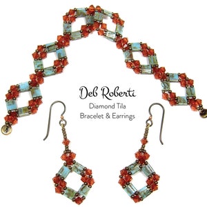 May include: A set of turquoise and copper-toned beaded jewelry, including a bracelet and a pair of earrings. The bracelet and earrings feature a diamond tile design. The text "Deb Roberti Diamond Tila Bracelet & Earrings" is displayed below the jewelry.