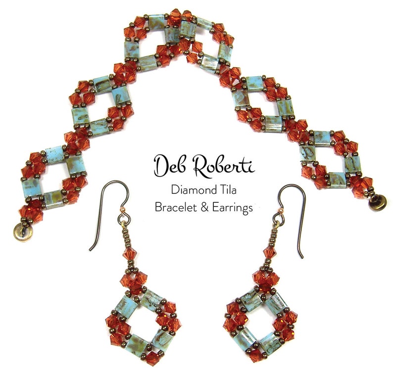 May include: A set of turquoise and copper-toned beaded jewelry, including a bracelet and a pair of earrings. The bracelet and earrings feature a diamond tile design. The text "Deb Roberti Diamond Tila Bracelet & Earrings" is displayed below the jewelry.
