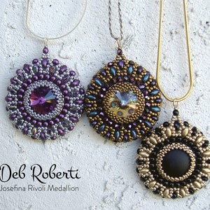 May include: Three beaded necklaces with round pendants. The pendants are made with various colors of beads, including purple, gold, black, and silver. The text "Josefina Rivoli Medallion" is visible below the pendants.