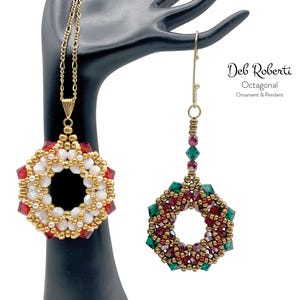 May include: Two beaded Christmas ornaments in the shape of a wreath. One is red, white, and gold, and the other is green, red, and gold. Both are octagonal and have a beaded loop for hanging.