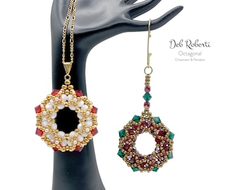 May include: Two beaded Christmas ornaments in the shape of a wreath. One is red, white, and gold, and the other is green, red, and gold. Both are octagonal and have a beaded loop for hanging.