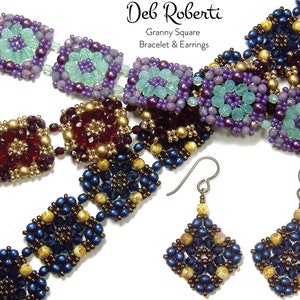 Peut inclure: Un ensemble de bijoux en perles comprenant trois bracelets en violet, rouge et bleu avec des boucles d'oreilles assorties. Les bracelets sont faits de petites perles en forme de carrés de grand-mère. Les boucles d'oreilles sont également faites de petites perles en forme de carrés de grand-mère. Les bijoux sont étiquetés "Deb Roberti Granny Square Bracelet & Earrings".